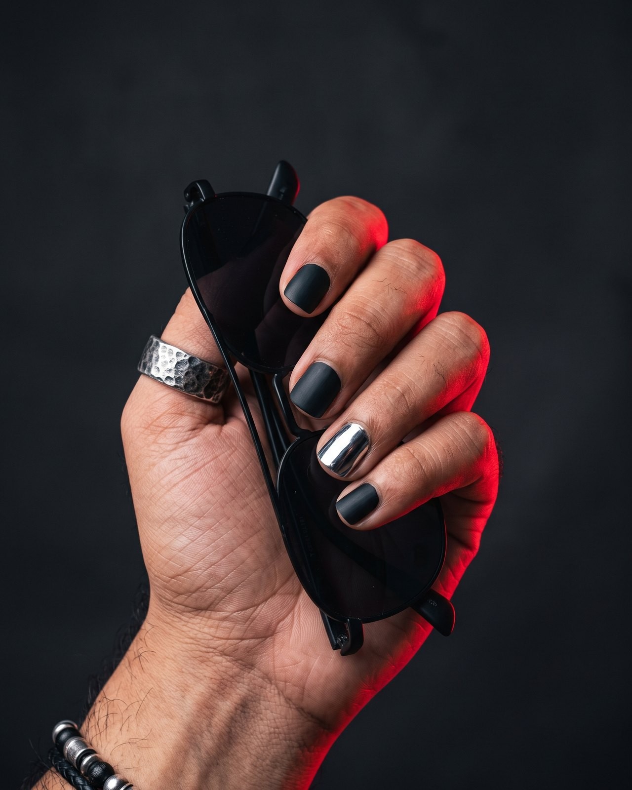 A man's hand with short matte black nails and one chrome nail
