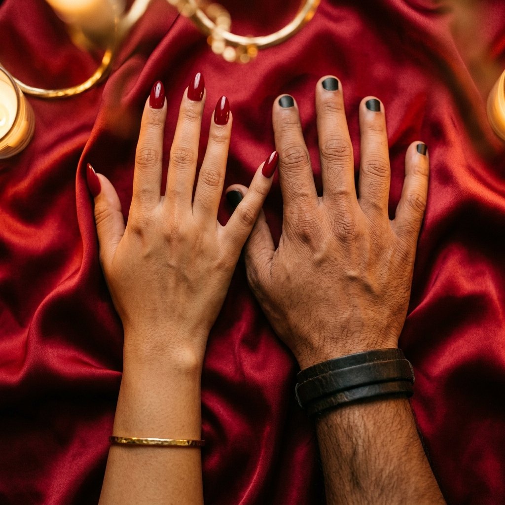 Two hands intertwined, one with long red nails and one with short black nails